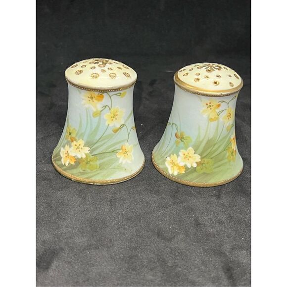 VTG Hand Painted Nippon Salt and Pepper Moriage Blue w Yellow Flowers Gold Trim - Picture 1 of 6